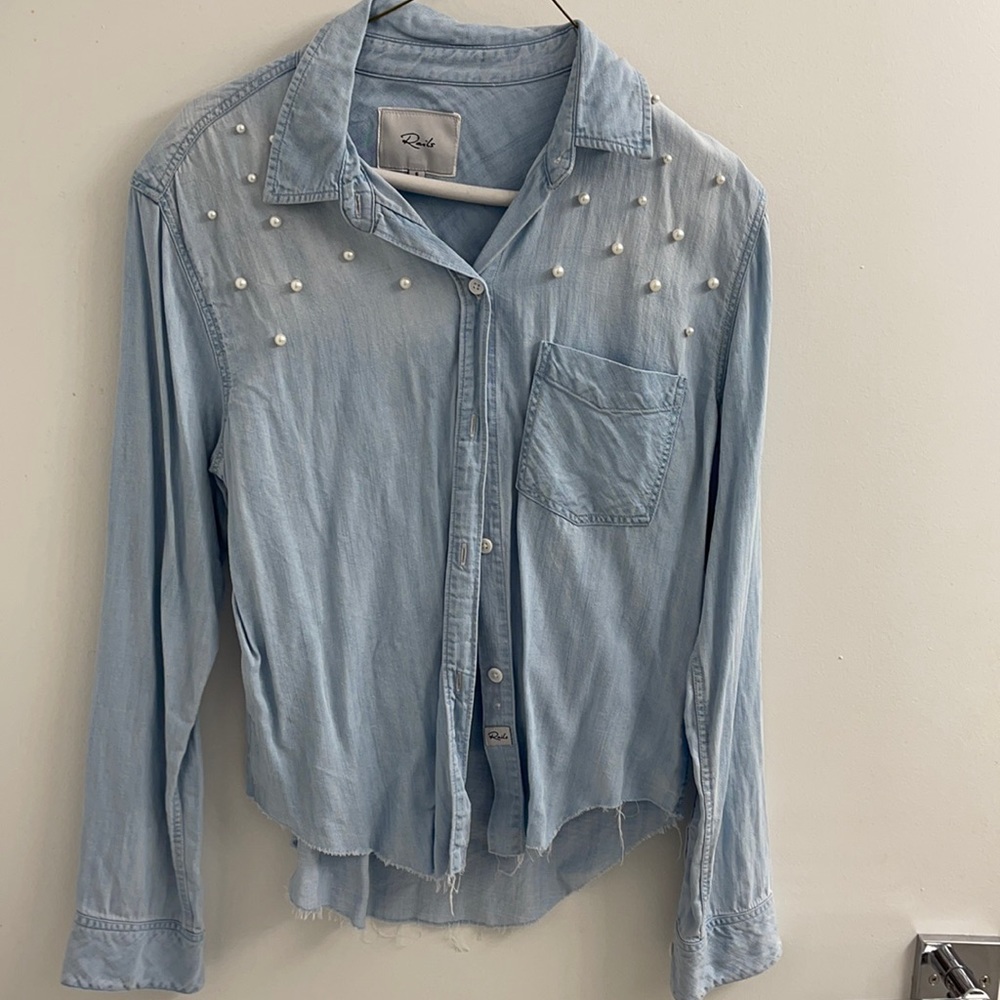 Rails soft blue cotton jean button down w pearls